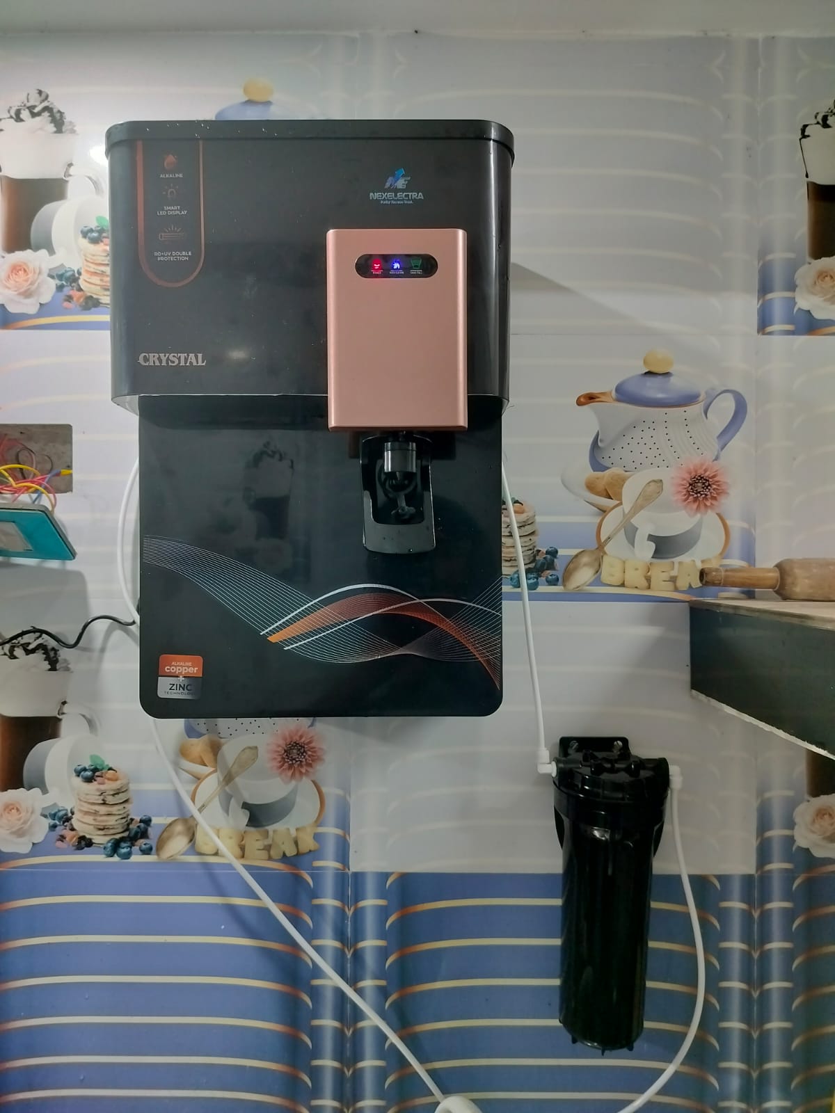 NexElectra Crystal RO+UV+Copper water purifier with pre-filter installed in a customer home
